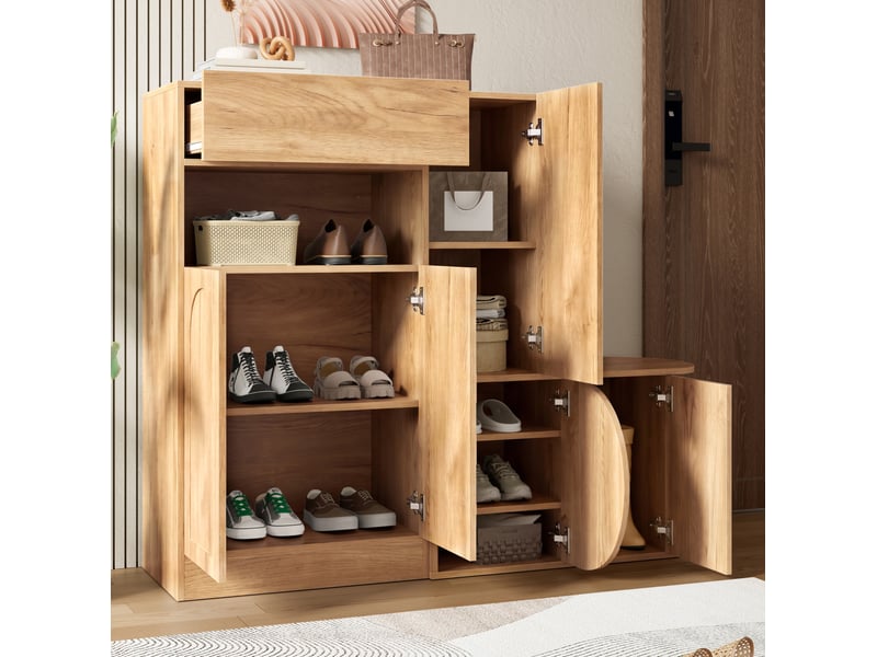  Meuble à chaussures avec banc, 5 portes, 1 tiroir et niche ouverte, pour entrée, en mdf naturel, 130 × 35 × 110,5 cm  - Conforama D