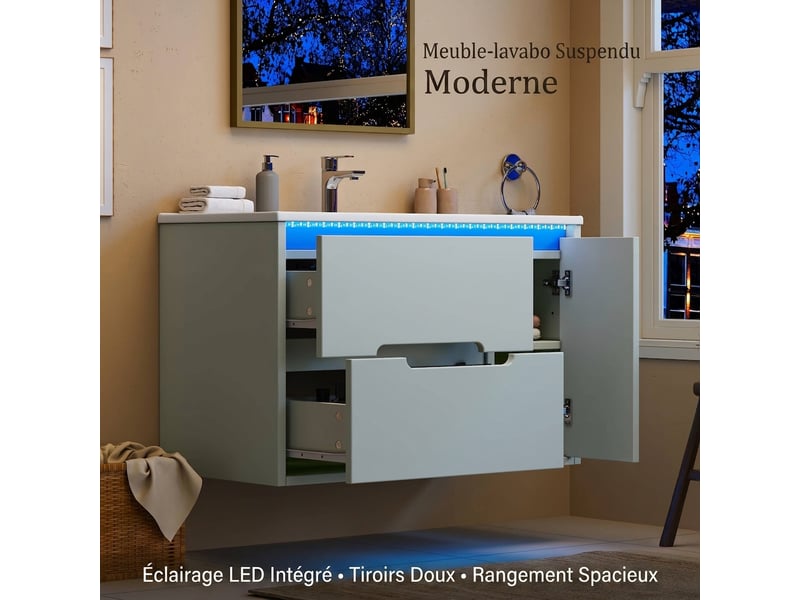 Meuble salle de bain suspendu vert 81 cm avec vasque en céramique, led et façade ondulée - Conforama B