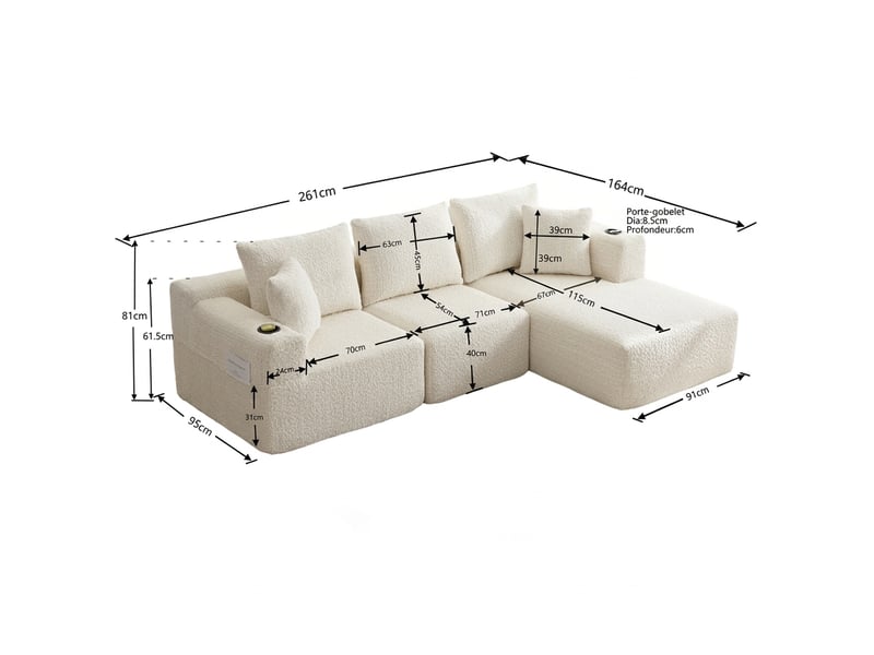  Canapé 3 places modulable avec méridienne en l sans montage 261 x 165 cm velours côtelé  - Conforama C