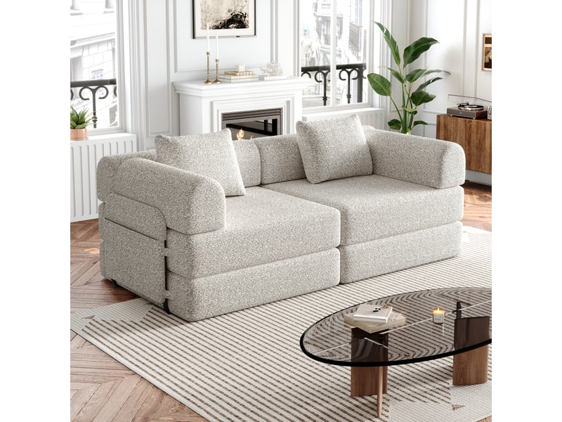  Canapé-lit convertible en chenille avec compartiment dans l'accoudoir, 3 cadres métalliques, lot de 2 pièces  - Conforama C