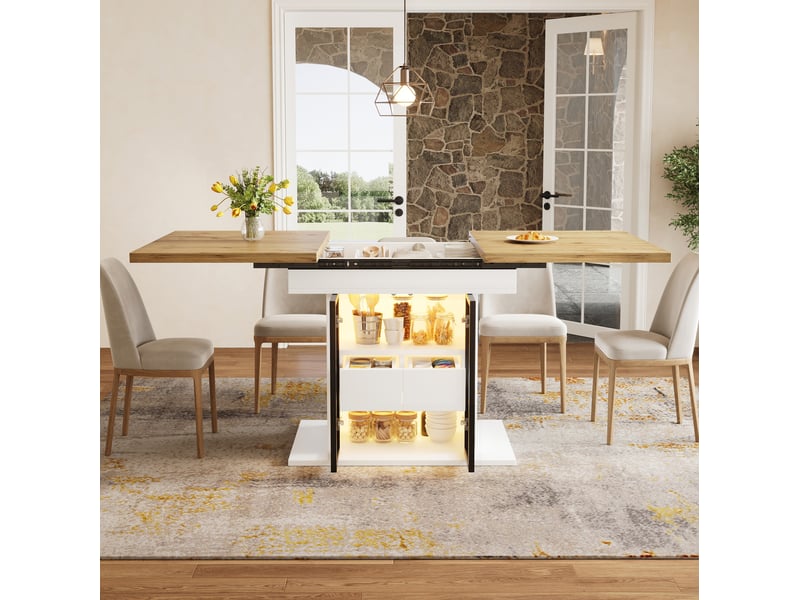  Table de salle à manger extensible avec 2 tiroirs, étagères réglables et led, portes vitrées, en mdf blanc  - Conforama D