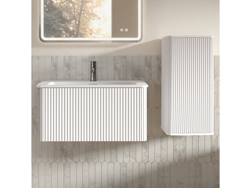 Meuble sous vasque suspendu avec meuble colonne, vasque et rangement, éclairage, pour salle de bain, en mdf blanc - Conforama B