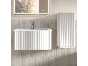 Meuble sous vasque suspendu avec meuble colonne, vasque et rangement, éclairage, pour salle de bain, en mdf blanc