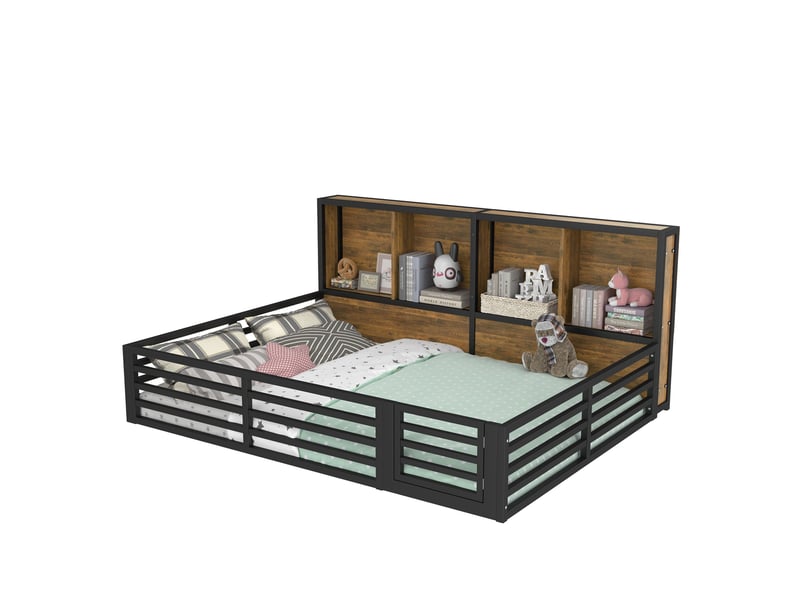  Lit jeune 140x200 cm, led, rangement latéral, barrières sécurité, sommier, métal + mdf, noir, sans matelas  - Conforama A