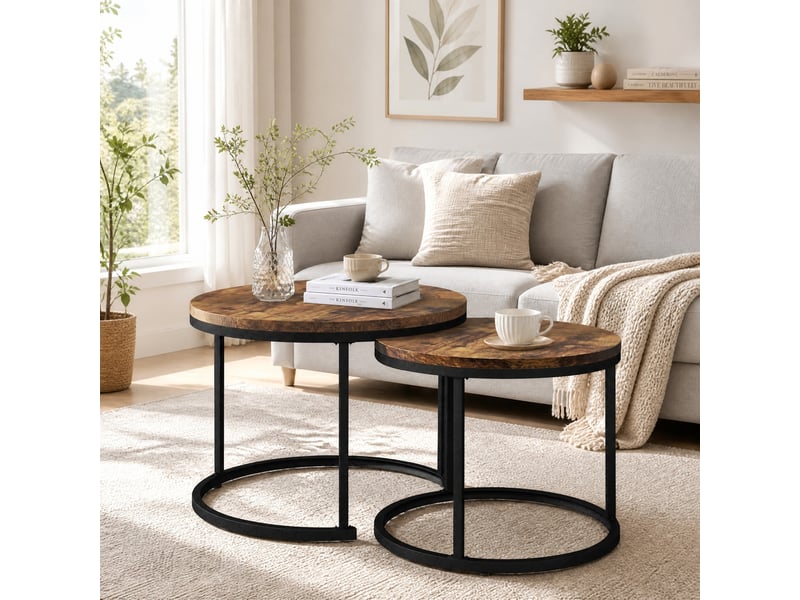 Lot de 2 tables basses rondes gigognes en mdf et métal marron - Conforama B