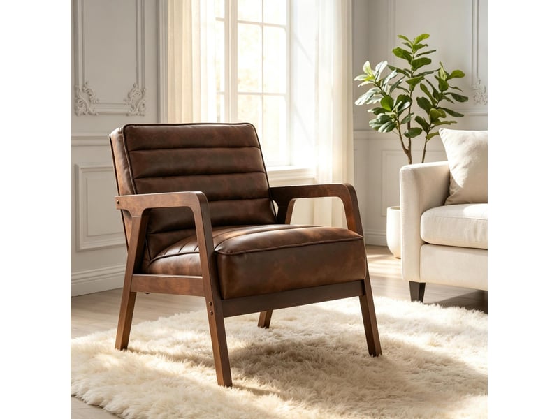 Fauteuil de salon en bois avec assise rembourrée, revêtement pu marron antique - Conforama B