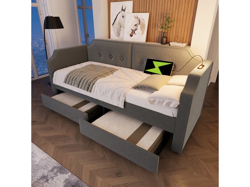  Lit banquette 200x90 cm en velours, lit simple avec 2 tiroirs, usb, type-c et lampe de lecture, sans matelas, gris  - Conforama C
