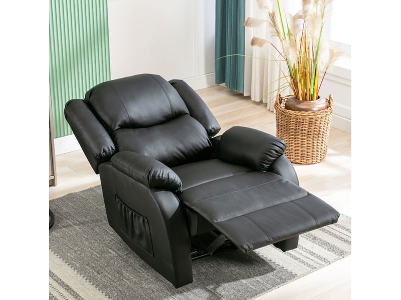  Fauteuil relax manuel inclinable avec repose-pieds intégré et poche latérale en simili cuir noir 80 × 90 × 100 cm  - Conforama D