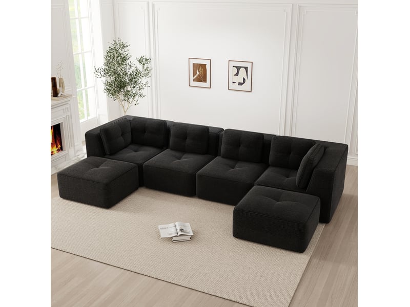  Canapé d’angle panoramique modulable convertible u 4 places en velours côtelé noir  - Conforama C