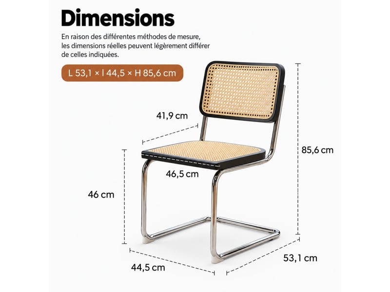  Lot de 2 chaises de salle à manger noires et bois, dossier en rotin, piètement chromé, style cantilever  - Conforama C