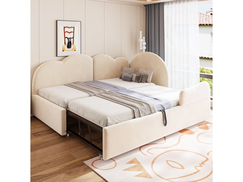  Lit gigogne en forme de l, 90 x 200 cm, avec tête de lit en forme de nuage et revêtement en velours, beige  - Conforama D