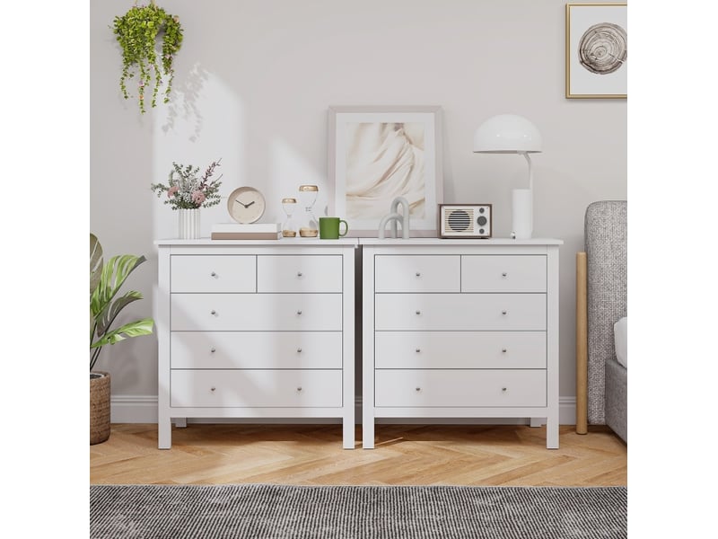  Commode 79 x 39,5 x 80,5 cm blanche en bois, 2 petits tiroirs et 3 grands tiroirs, rangement salon  - Conforama E