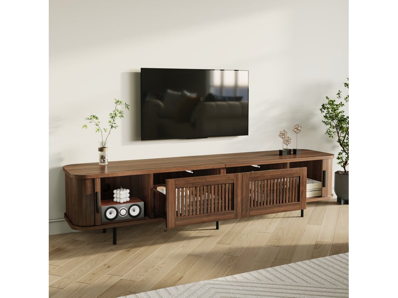  Meuble tv 180x40x44,5 cm – noyer – 2 tiroirs, portes coulissantes et éclairage led app intégré  - Conforama E