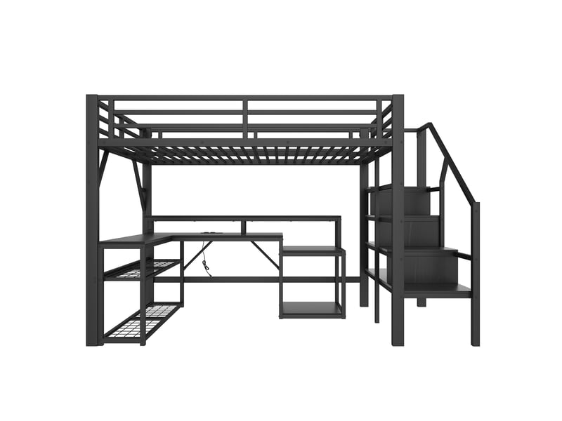  Lit mezzanine 140x200 cm avec bureau intégré, escalier de rangement et led pilotable, mdf et métal, noir, sans matelas  - Conforama A