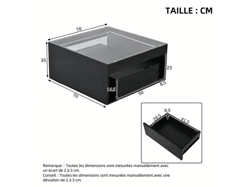 Table basse avec deux tiroirs, plateau en verre trempé, led, 70 x 70 x 35 cm, noir - Conforama E