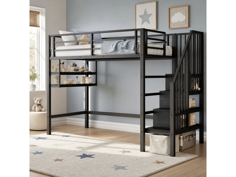  Lit mezzanine enfant 90 x 200 cm noir avec étagères et échelle de rangement  - Conforama D