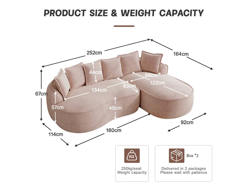 Canapé d'angle modulaire avec méridienne profonde, design ergonomique et coussins, en chenille rose - Conforama E