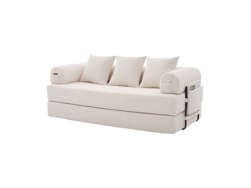  Canapé modulaire 3 places modulable avec poches latérales et 3 coussins, structure en métal et velours côtelé beige  - Conforama A