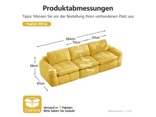 Canapé modulable sans cadre 3 places jaune, chenille, capitonnage quadrillé, ergonomique, coussins épais, sans montage