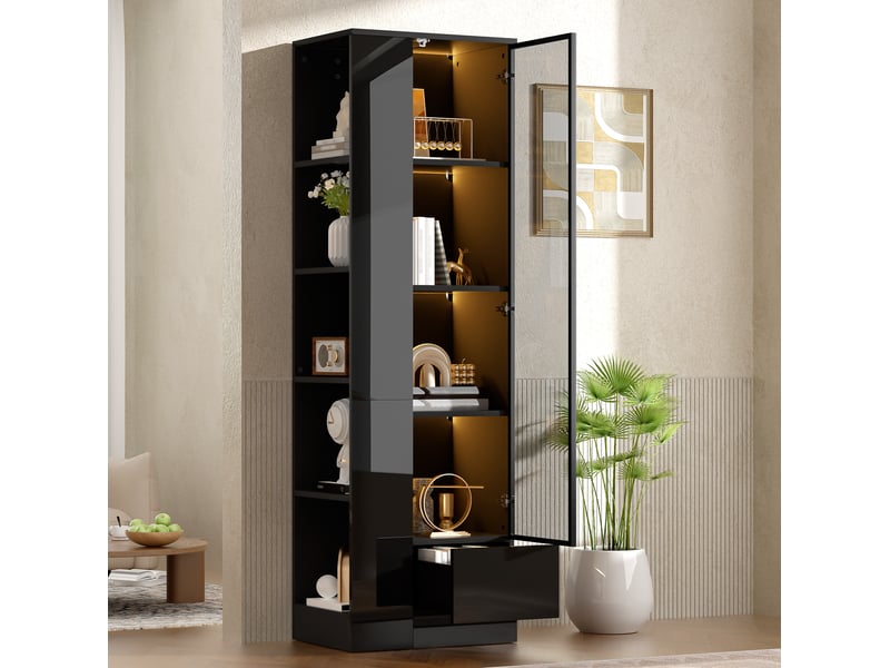  Vitrine avec porte vitrée, tiroir, rangements ouverts et éclairage led réglable pour salon, noir 50 × 35 × 160 cm  - Conforama D