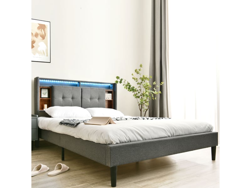  Lit rembourré gris 160 x 200 cm avec tête de lit à rangement, usb et led  - Conforama B