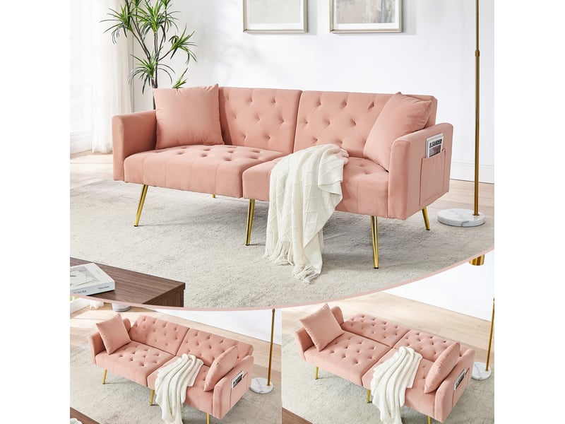  Canapé droit 2 places 177x78x74 cm, deux coussins, pieds métal dorés, convertible 3 positions, velours, rose  - Conforama D