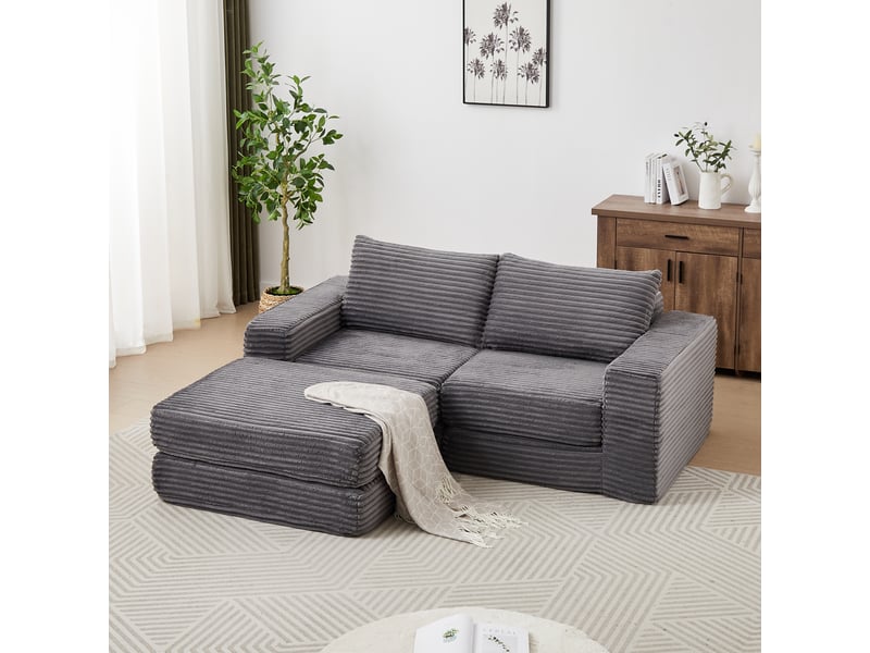  Canapé convertible modulaire avec poufs amovibles  - accoudoirs carrés en velours côtelé gris  - Conforama B