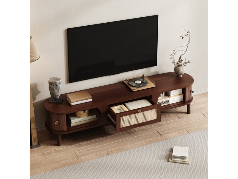  Meuble tv bas portes coulissantes 170x39.5x38cm rangement | style bohème bois massif et cannage en rotin | charge 50kg pieds bois - bois naturel  - Conforama D
