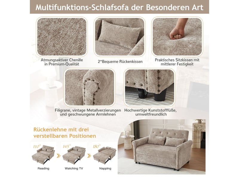  Canapé convertible 2 places en tissu chenille, 3-en-1, dossier réglable 110°145°180°, couchage 170×98 cm  - Conforama R