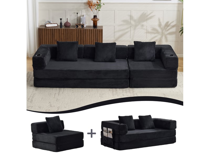  Sofa-lit de sol convertible noir - canapé-lit avec support dorsal en oreiller, accoudoirs et porte-gobelet  - Conforama C