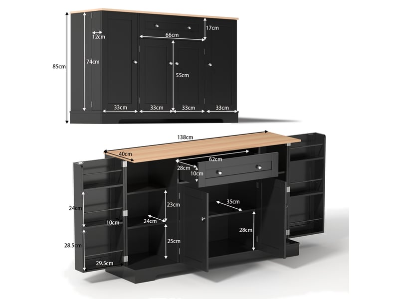  Buffet de cuisine multifonctionnel 138 cm – mdf noir, 4 portes et 1 tiroir  - Conforama D