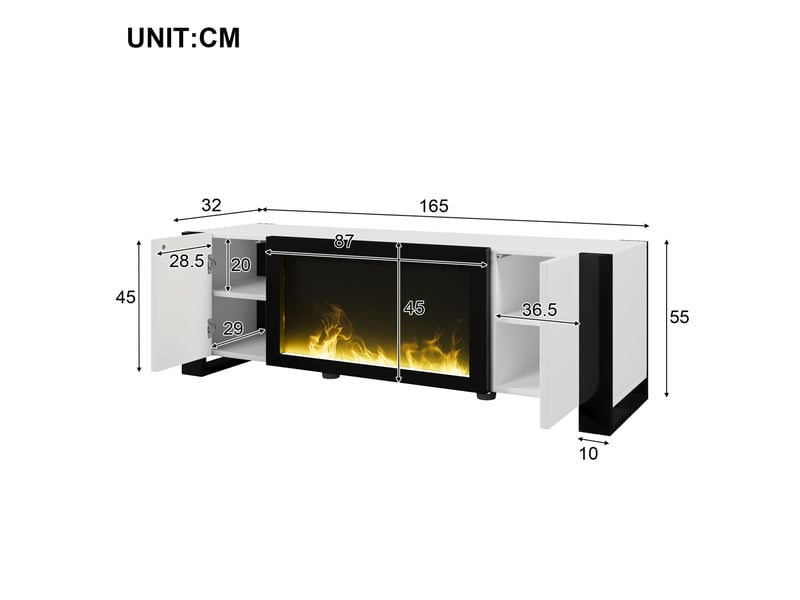  Meuble tv 165x32x55 cm avec foyer électrique décoratif effet flamme, blanc et noir  - Conforama E