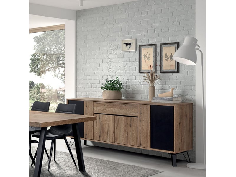  Buffet 4 portes 1 tiroir aspect chêne miel et noir mat - sélène SÉLÈNE - Conforama B