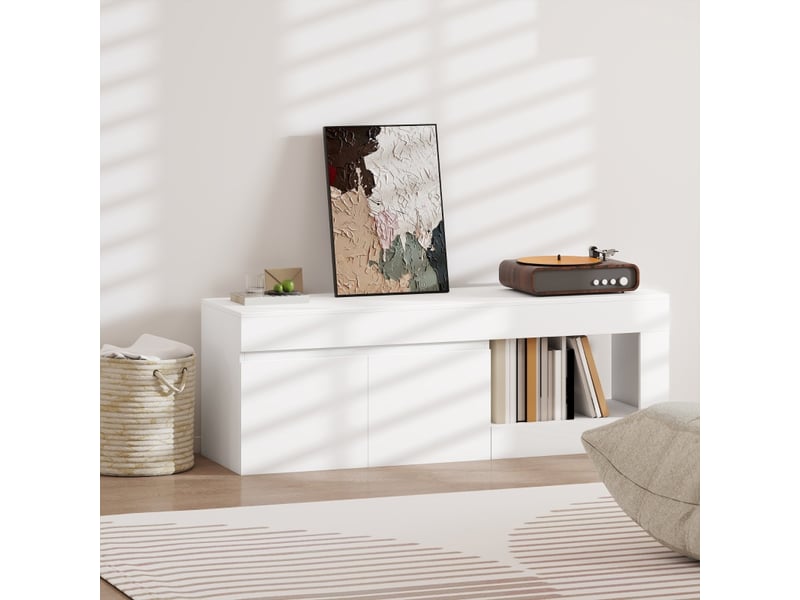 Meuble tv 2 portes et niche ouverte pour téléviseur jusqu’à 60 pouces, 140 x 40 x 48 cm, blanc, meuble bas moderne pour salon - Conforama E