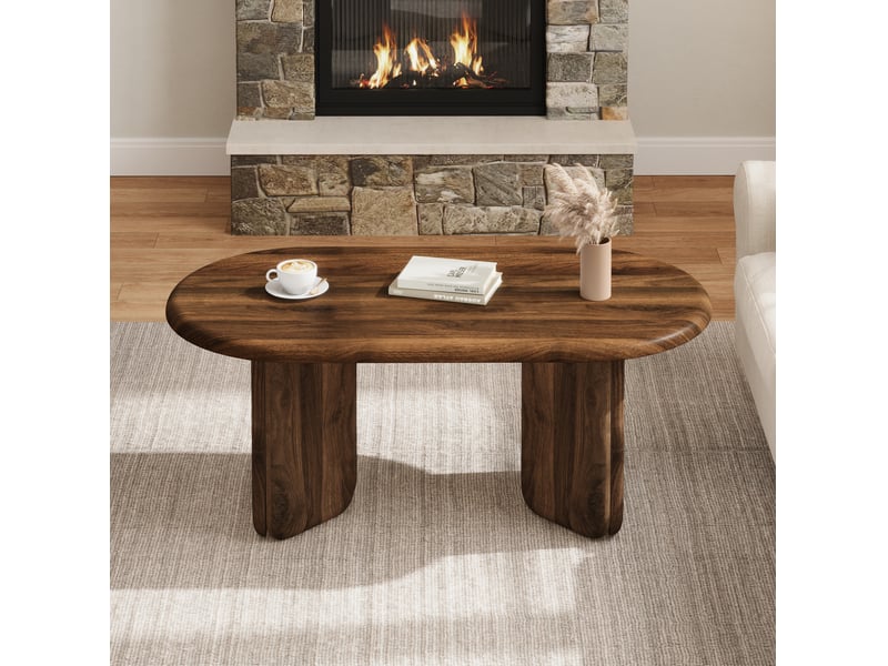  Table basse ovale 90x50x40 cm, bords arrondis, style moderne, pieds décoratifs, mdf stable, finition noyer  - Conforama B