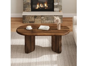 Table basse ovale 90x50x40 cm, bords arrondis, style moderne, pieds décoratifs, mdf stable, finition noyer