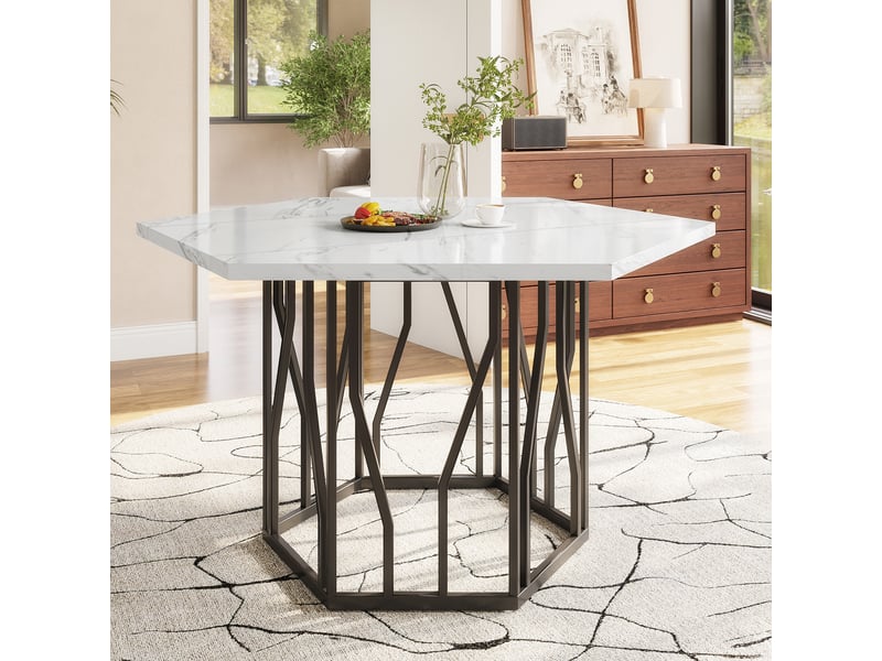  Table de salle à manger hexagonale en mdf et acier 115,5×100×75 cm effet marbre blanc et noir  - Conforama B