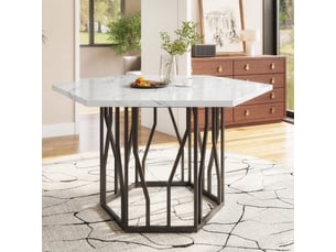 Table de salle à manger hexagonale en mdf et acier 115,5×100×75 cm effet marbre blanc et noir
