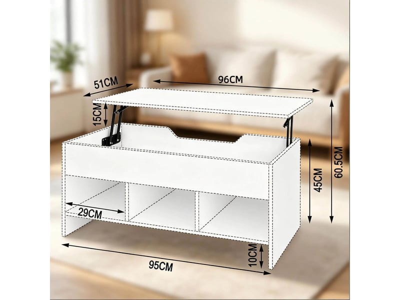  Table basse relevable 96x51x45 cm avec rangement bois métal blanche  - Conforama C