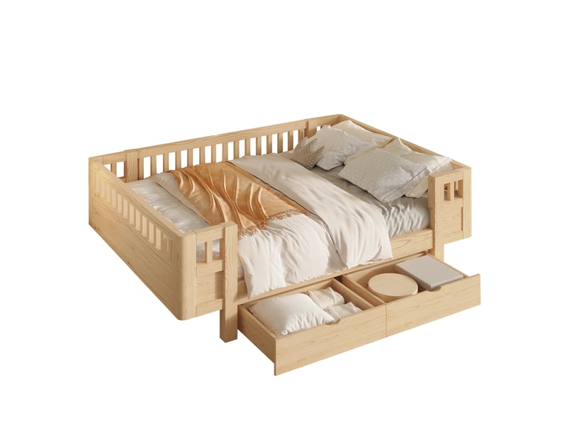  Lit enfant 140 x 200 cm avec barrières de sécurité hautes et 2 grands tiroirs, bois massif et mdf, blanc et effet bois naturel CozyNest - Conforama A