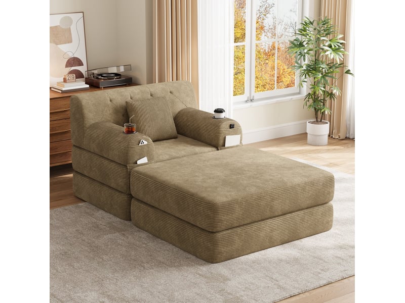  Fauteuil-lit convertible 1 place avec repose-pieds, 4 poches et 2 porte-gobelets en velours côtelé kaki  - Conforama D