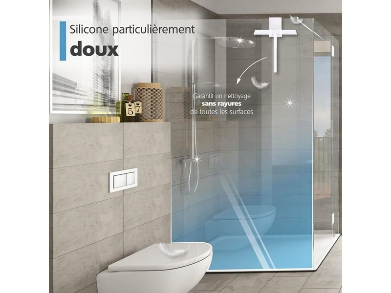  Raclette douche silicone blanc 23 cm, suspension, noyau inox. Nettoie vitres sans résidus. Idéale salle de bain, durable et efficace.  - Conforama C