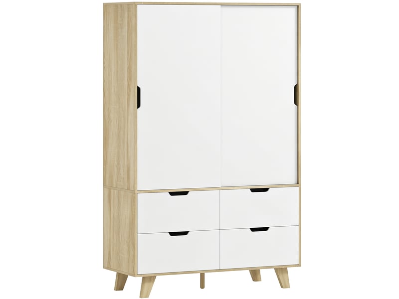  Armoire de chambre moderne avec portes coulissantes, penderie, étagères réglables et 4 tiroirs, chêne et blanc  - Conforama A