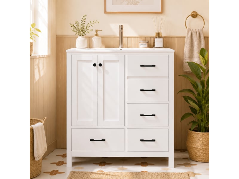  Meuble vasque salle de bain blanc 76 cm avec lavabo céramique intégré, tiroirs et étagères réglables  - Conforama B