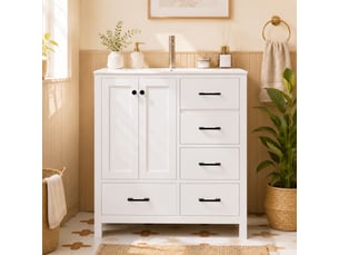 Meuble vasque salle de bain blanc 76 cm avec lavabo céramique intégré, tiroirs et étagères réglables