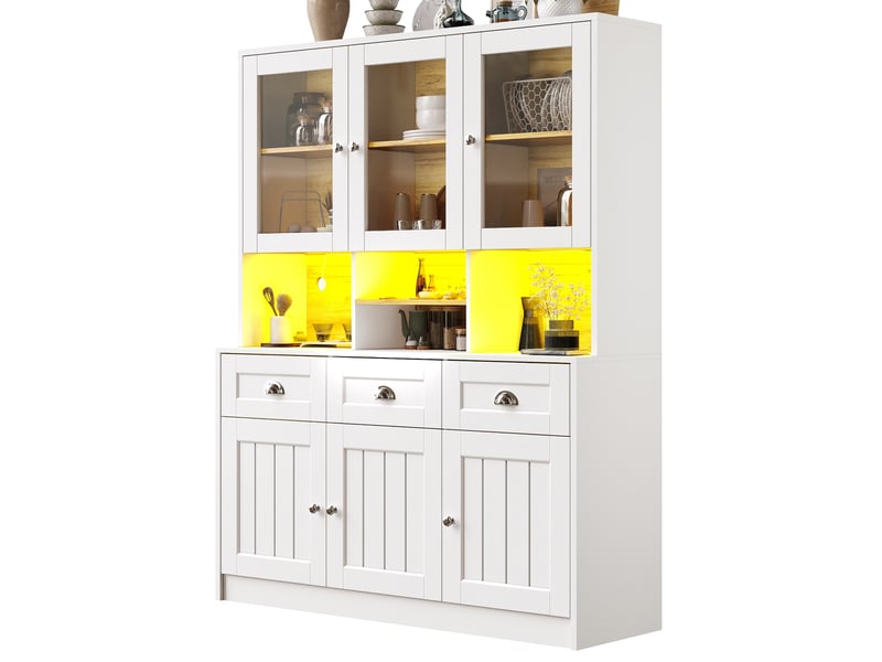  Buffet de cuisine,140x40x175 cm,avec led et rangements,mdf,blanc  - Conforama C