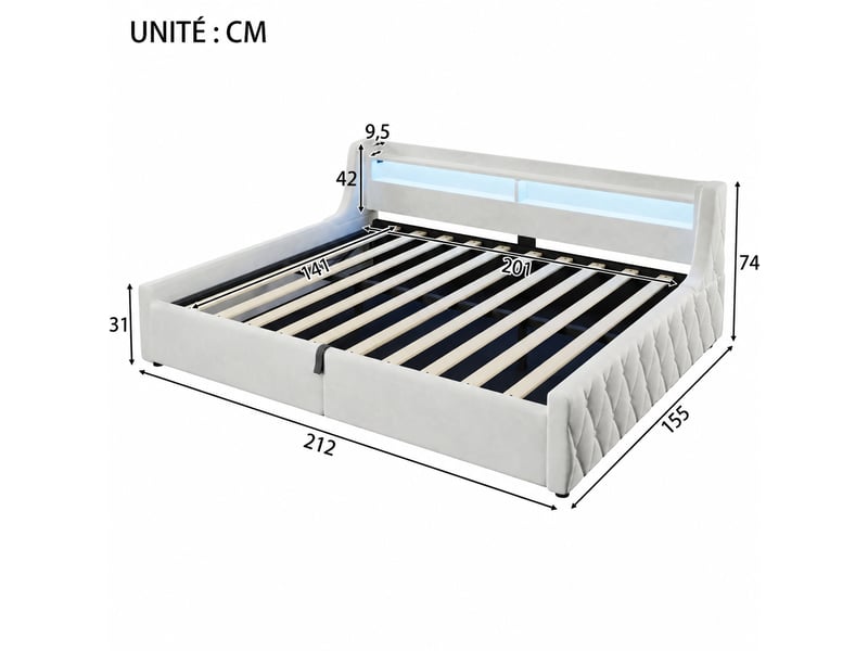  Lit coffre hydraulique 140 x 200 cm en velours beige avec éclairage led multicolore, sans matelas  - Conforama C
