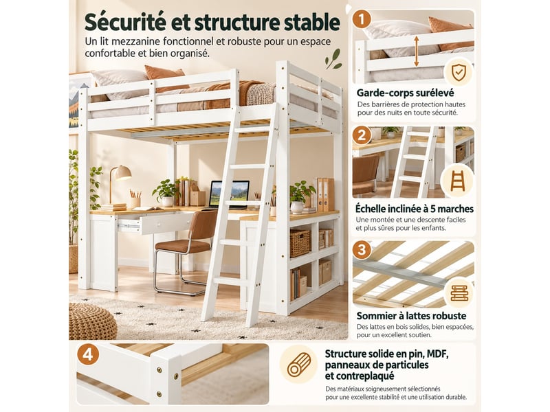  Lit mezzanine enfant 140 x 200 cm avec grand bureau en u, 2 tiroirs, étagère et échelle inclinée, blanc et naturel  - Conforama D