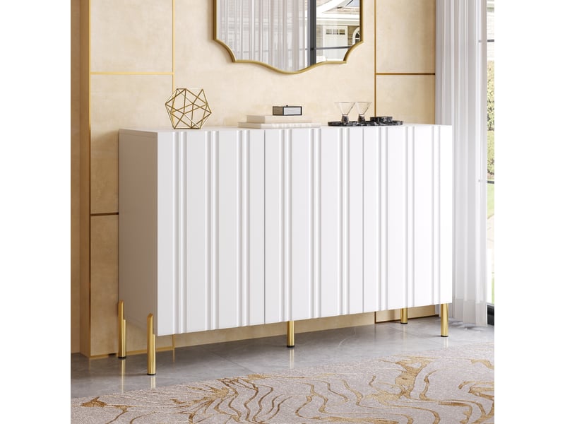  Buffet de salon - 120x35.5x80cm - 3 portes rainurées étagères réglables et pieds dorés en métal - blanc  - Conforama B