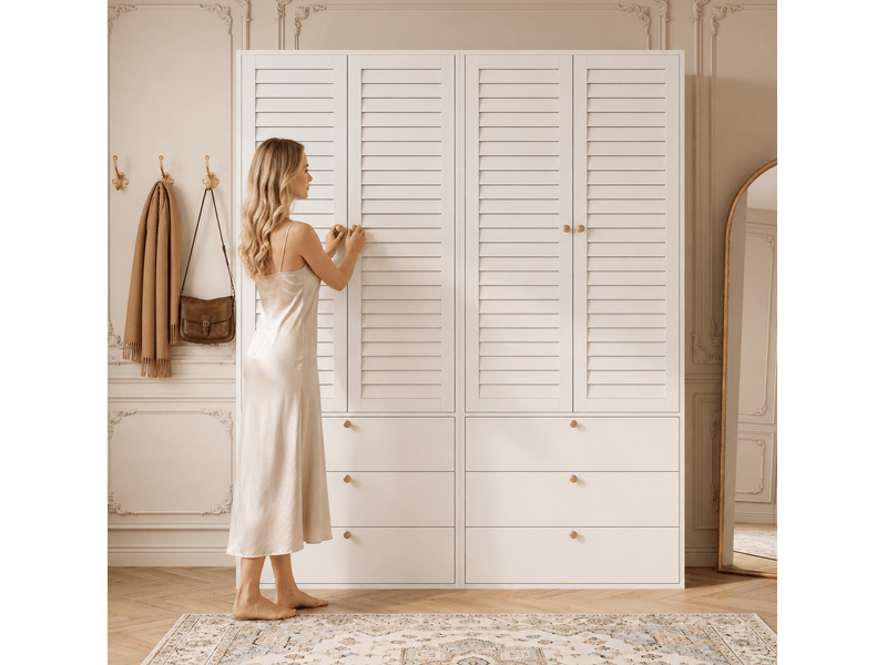  Armoire tcqpz 4 portes à lamelles 180 x 50 x 200 cm 6 tiroirs 2 tringles à vêtements blanche en panneaux de particules  - Conforama D